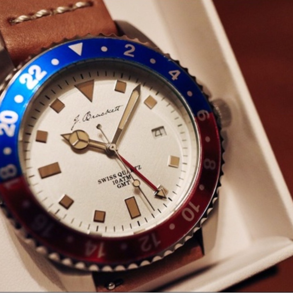 J Brackett Brown Leather Strap Watch with Red and Blue Bezel